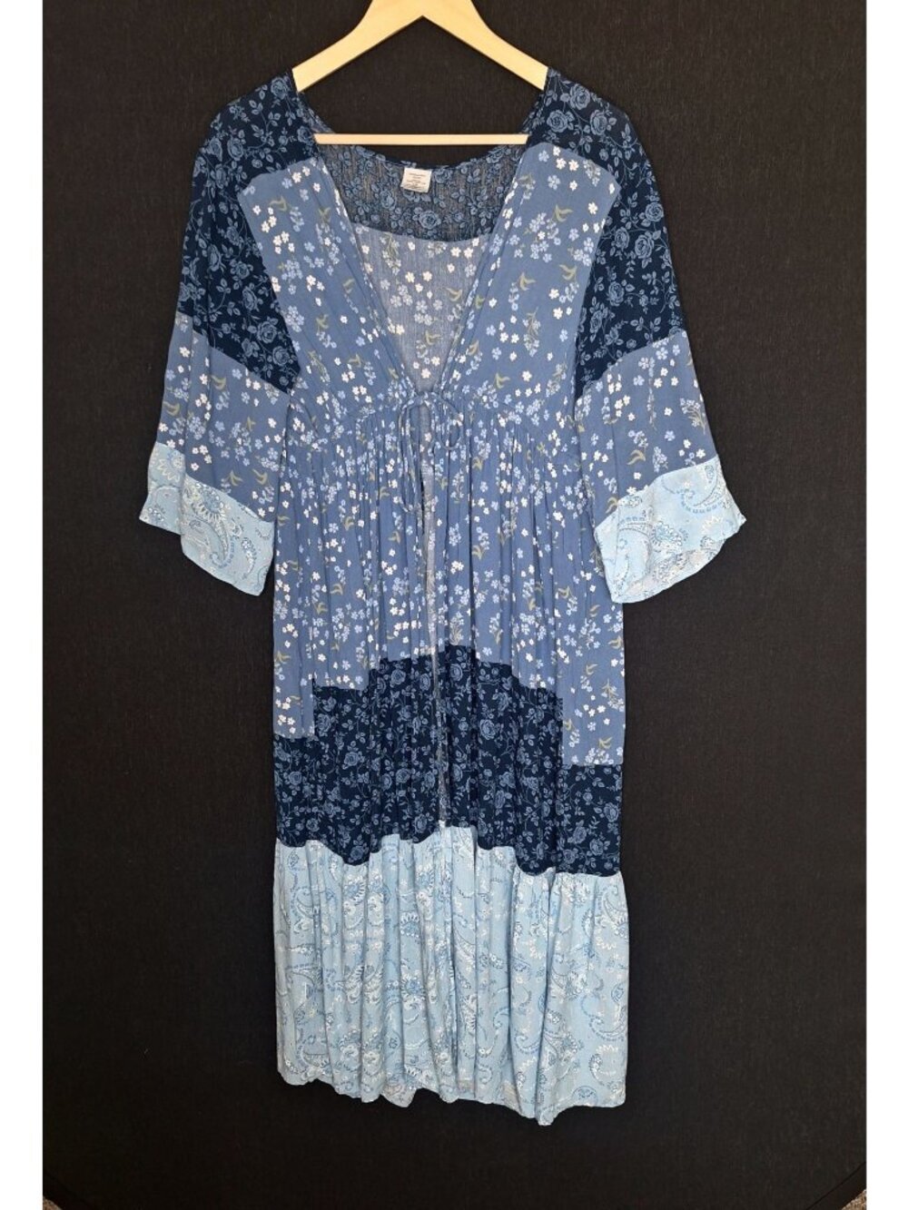 💙 Blue Floral Boho Kimono Patchwork Cover Up Cardigan L/XL Lightweight Rayon Co